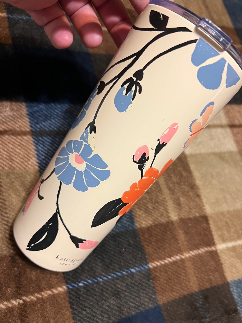 kate spade cream travel tumbler with blue and orange floral print